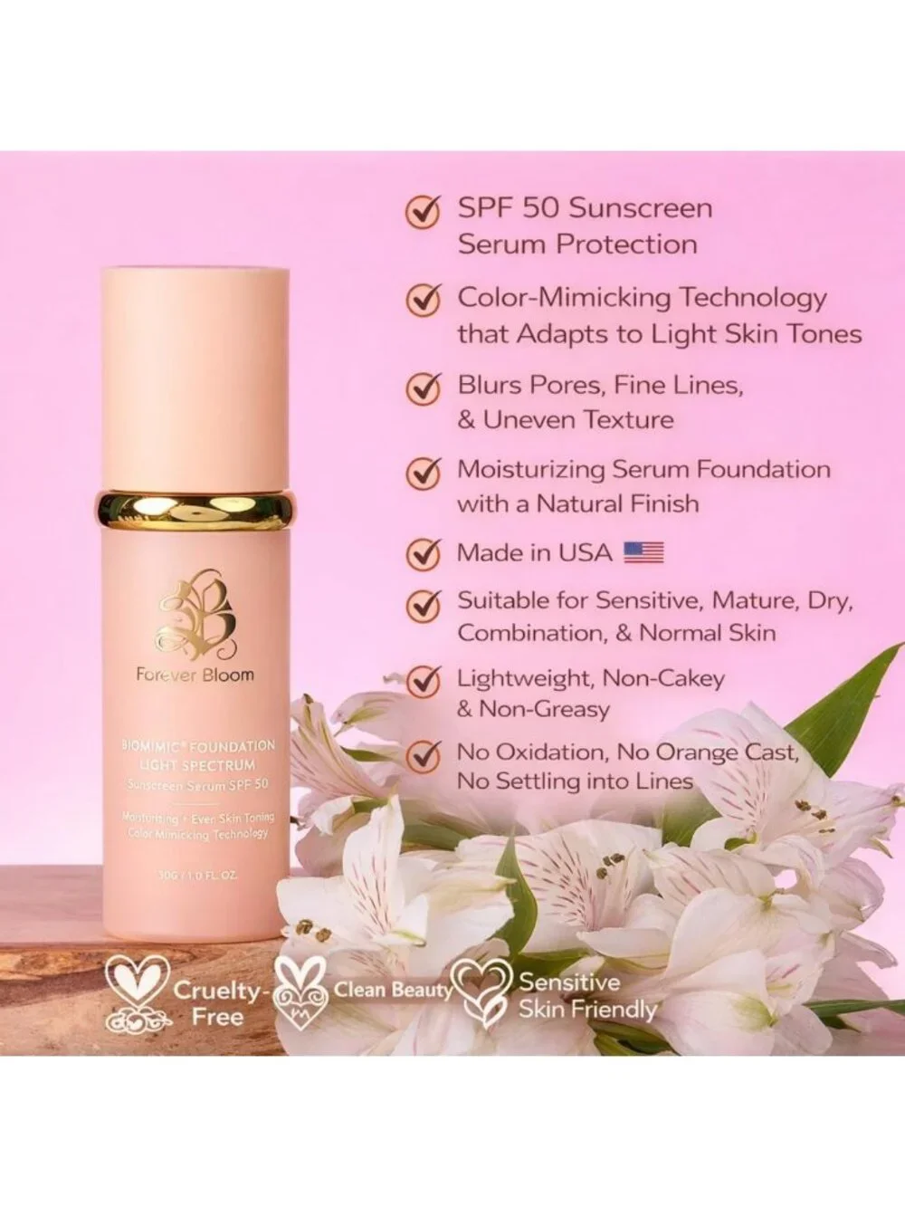 Lightweight Bio Mimic Foundation SPF 50 - Hydrating, Concealing, Anti-Aging for